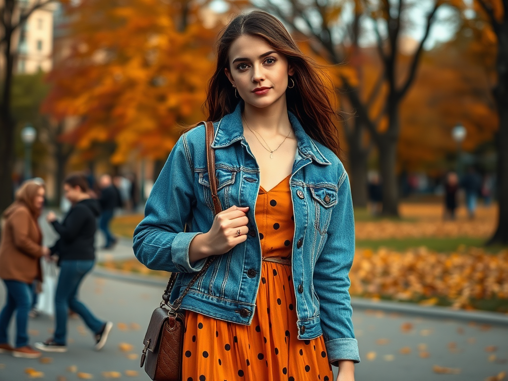 O tânără zâmbitoare poartă o rochie cu buline și o jachetă din denim, în parc plin de frunze căzute.