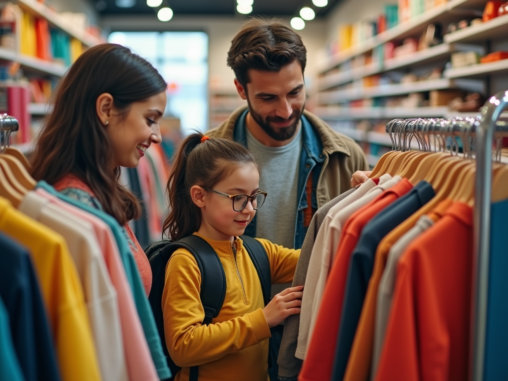 Familie vizitând magazinul de haine, părinții ajutând fetița să aleagă o ținută.