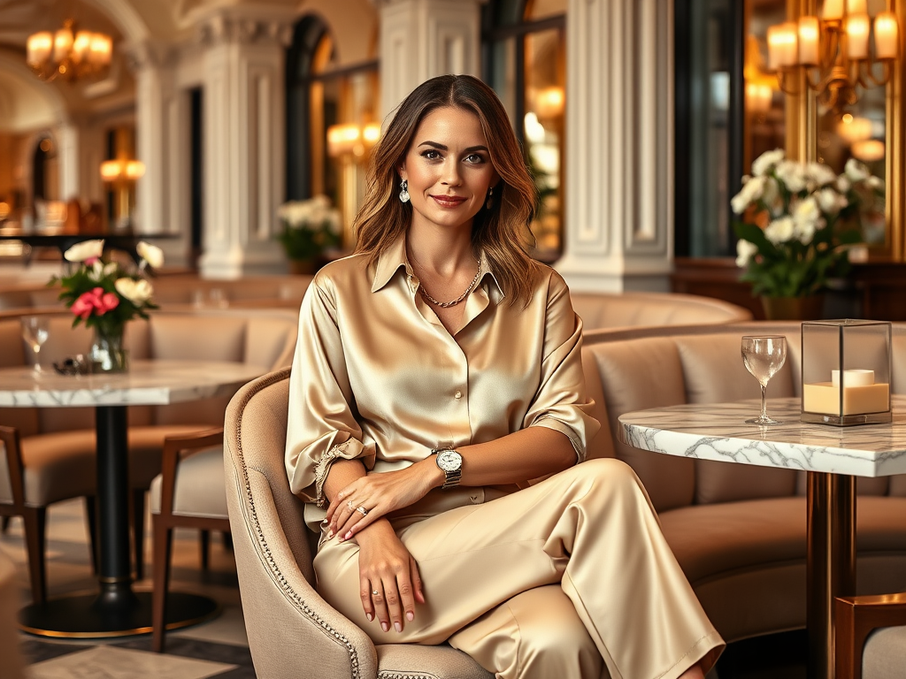 O femeie îmbrăcată elegant în satin așezată pe o canapea într-un restaurant sofisticat, cu flori și lumini în fundal.