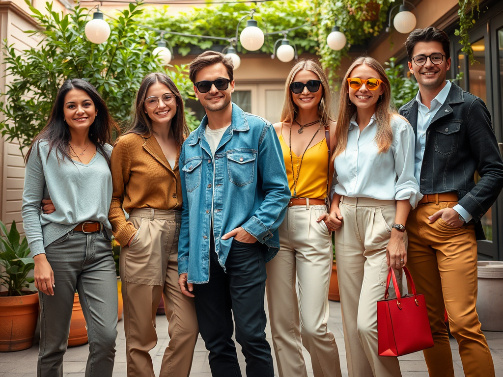 Un grup de șase tineri la o cafea, purtând haine moderne și colorate, zâmbind în soare.