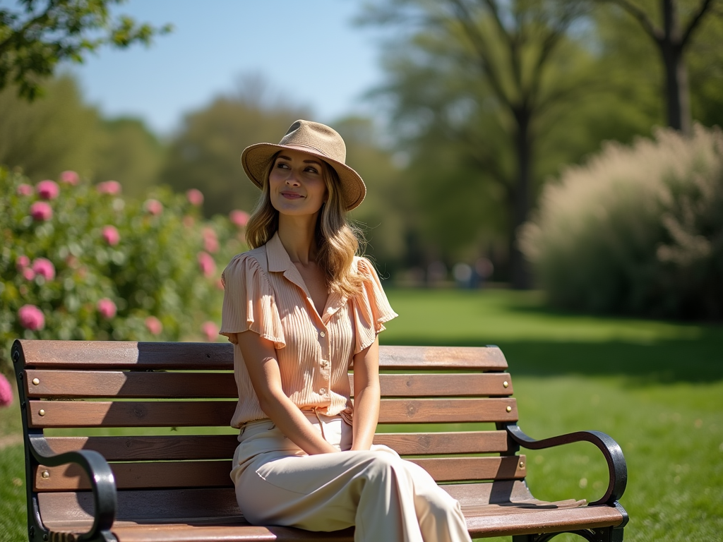 Femeie zâmbind, așezată pe bancă în parc, purtând pălărie și haine deschise la culoare.