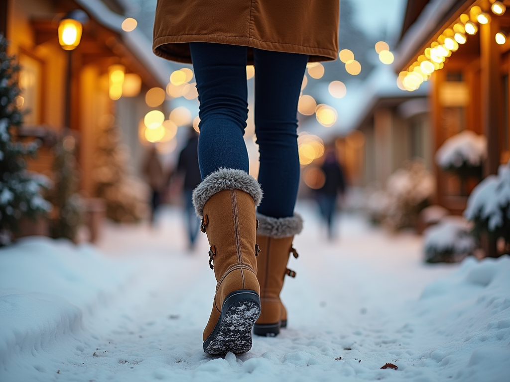 Femeie mergând prin zăpadă, purtând cizme și jeans, cu lumini festive în jur.