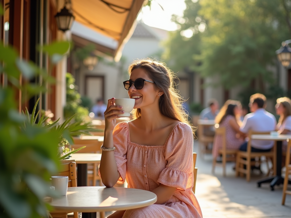 Femeie zâmbind, savurând o ceașcă de cafea la o terasă însorită, purtând ochelari de soare și rochie roz.